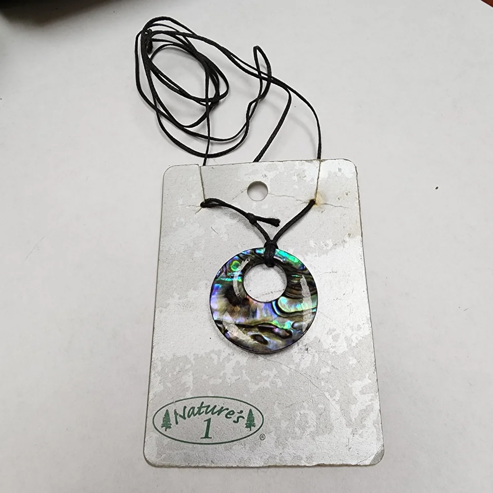 Iridescent Abalone Shell Like Wood Pendant Cord Necklace